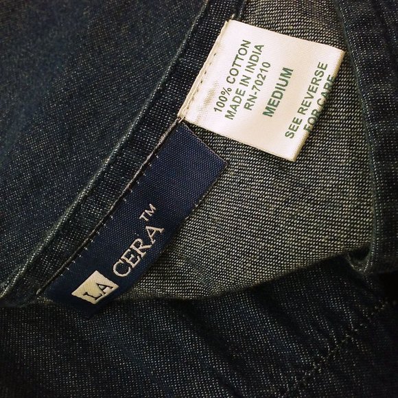 Vintage 90s Denim Jumper Pinafore Dress -M Embroidered Floral Pockets Lace Trim - Picture 7 of 9